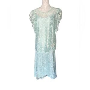 JCPenney 1980s Aqua Taffeta and Lace Two Piece Sleeveless Prom Dress